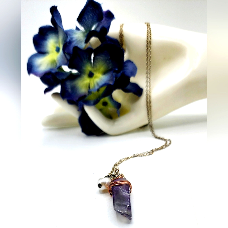 Wirewrapped Amethyst Necklace,34in,Silver Chain